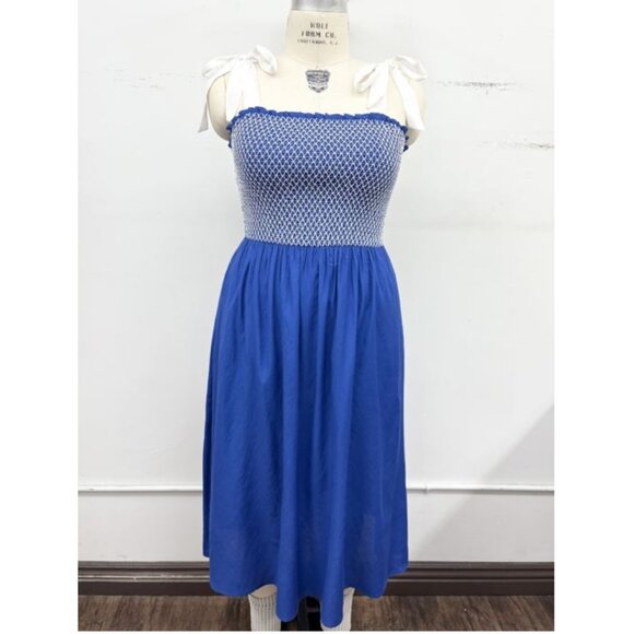 Plus Size 2xl Royal Blue Midi Smocked Dress Bow Tie Straps Linen Blend Pocket - Picture 2 of 7